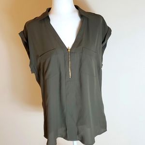 Express olive green roll sleeve zipper shirt